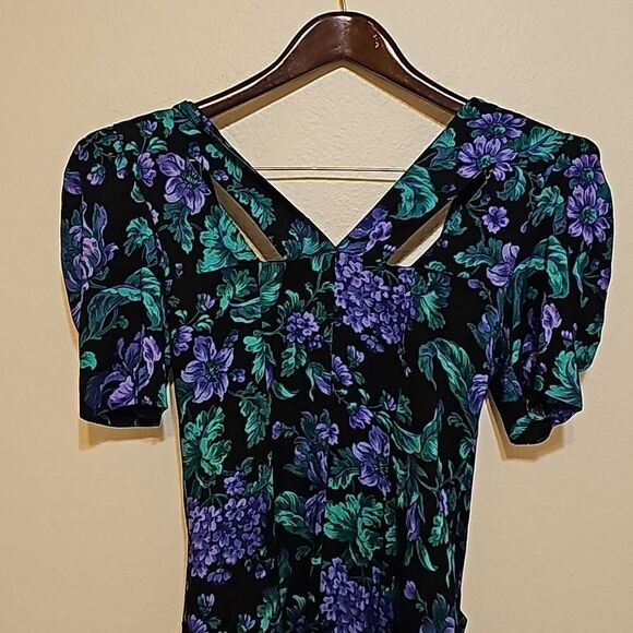 1980s Midi Sheath Vintage Dress Pockets Purple Green Black  All That Jazz - Picture 4 of 10